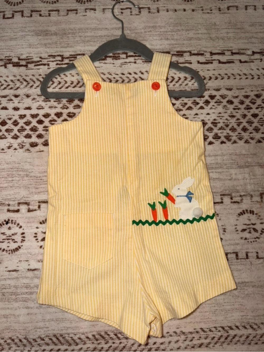 LISA JACKSON Yellow Stripe Bunny Appliqué Overalls